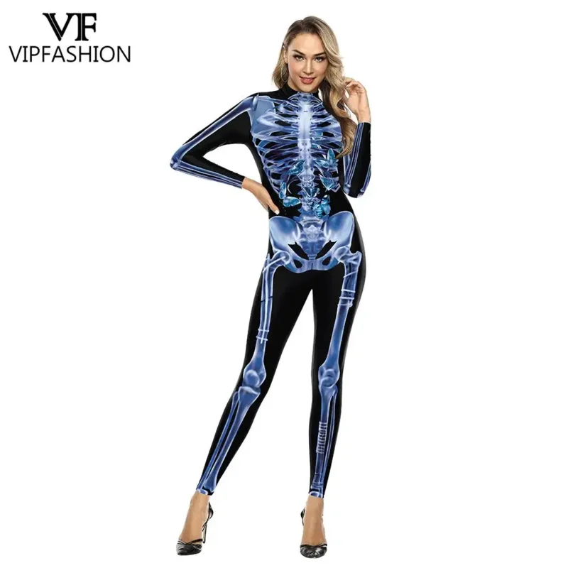 VIP FASHION Blue Skeleton Catsuit Men Women Jumpsuit Halloween Costume Carnival Zentai Bodysuit Scary Party Outfit Purim Clothes