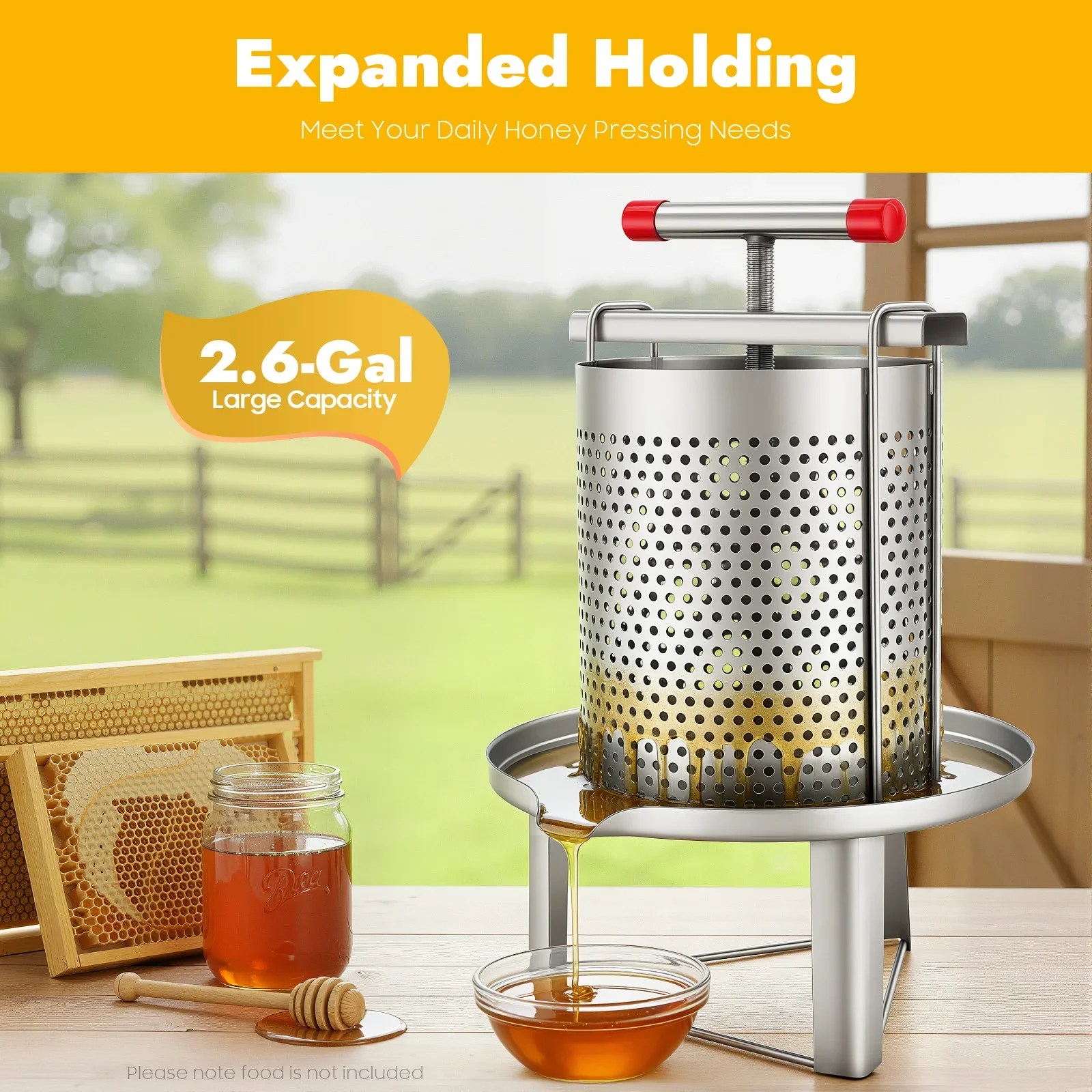 2.6 Gal Capacity Manual Honey Extractor, Stainless Steel Honey Press with Mesh Filter, Hand Crank for Healthy Beekeeping Harvest