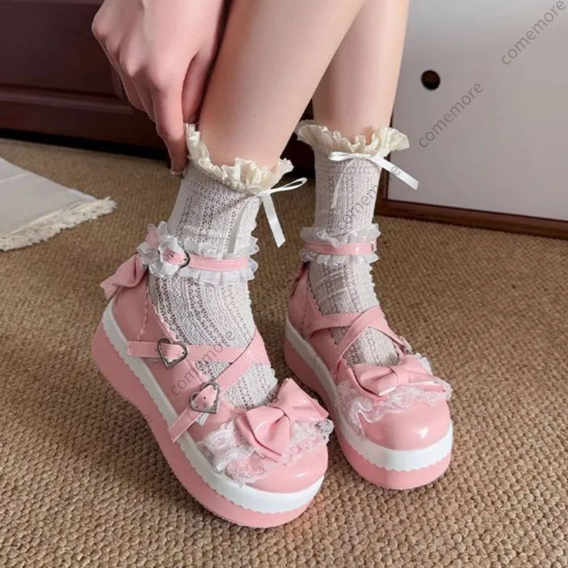 Comemore Sweet Girls Lolita Flat Platform Female Shoes Lace Bow Cute Marry Jane Height Increasing Women's College Style Jk Shoes