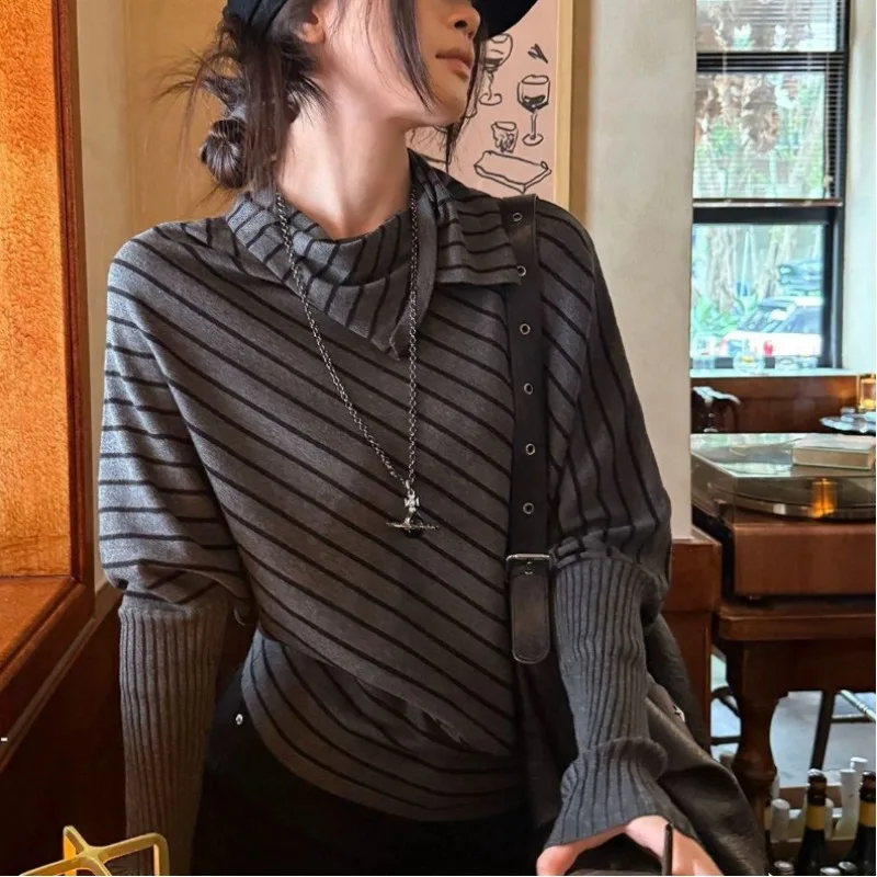 

Y2k Aesthetics Stripe Tops Woman Streetwear Elegant Long Sleeve Tees Chic Japan Fashion Vintage Knitwear Pullover Woman Clothes