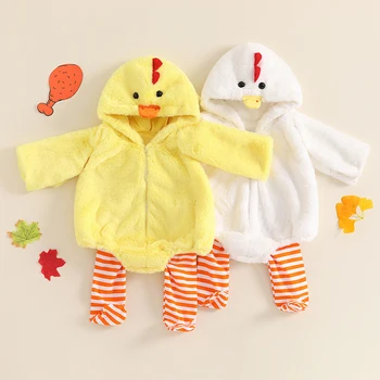 Conjunto de ropa de otoño para bebés, niños y niñas, sudaderas con capucha de manga larga con forma de pollito, peleles a rayas, pantalones largos, 2 piezas
