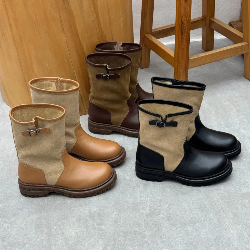 PYUXD Genuine Leather Color Block Mid Calf Boots Women Vintage Biker Engineer Boots Buckle Strap Chunky Mid Heel Riding Booties