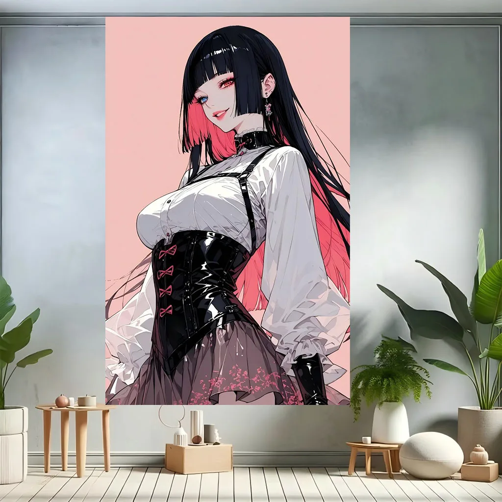 Edgy Alt Gothic Anime Girl Tapestry Black Pink Two‑Tone Hair Corset Wall Hanging Art for Dorm Bedroom Aesthetic Room Home Decor