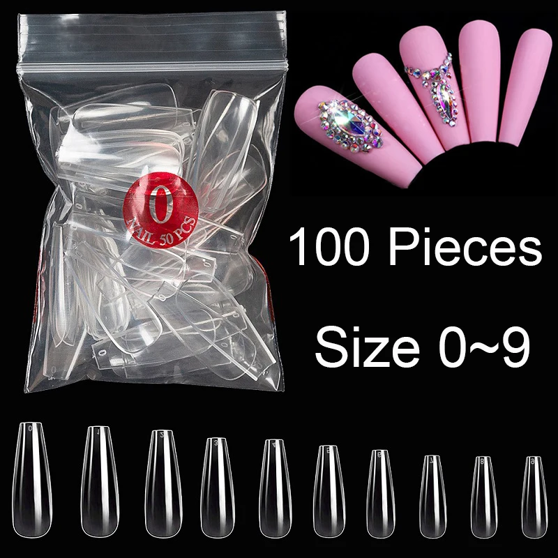 100 Pieces Full Cover Ballerina False Nail At Tips Same Size Size 0 ~ 9 Avaialble Fake Nails For Nail Drawing Practice Nail DIY