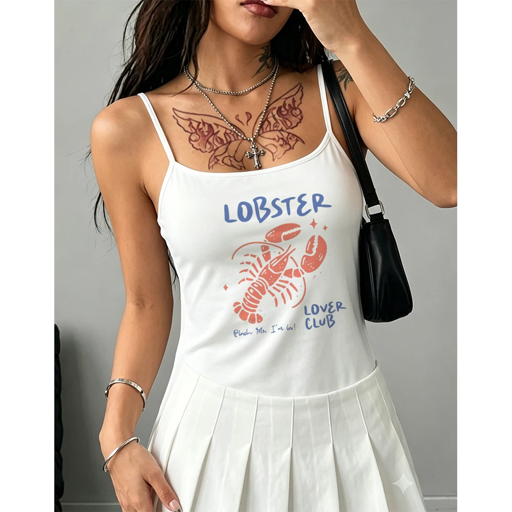 Y2K Lobster Print Tank Top Women Pinch Me I'm in Quote Camisole Cute Ocean Life Sleeveless Vest Casual Streetwear Crop Top