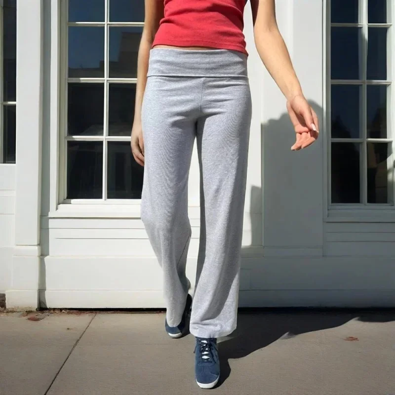 Pantalon de couleur unie pour femmes, pliable, taille basse, droit, pantalon de survêtement des années 2000, esthétique y2k