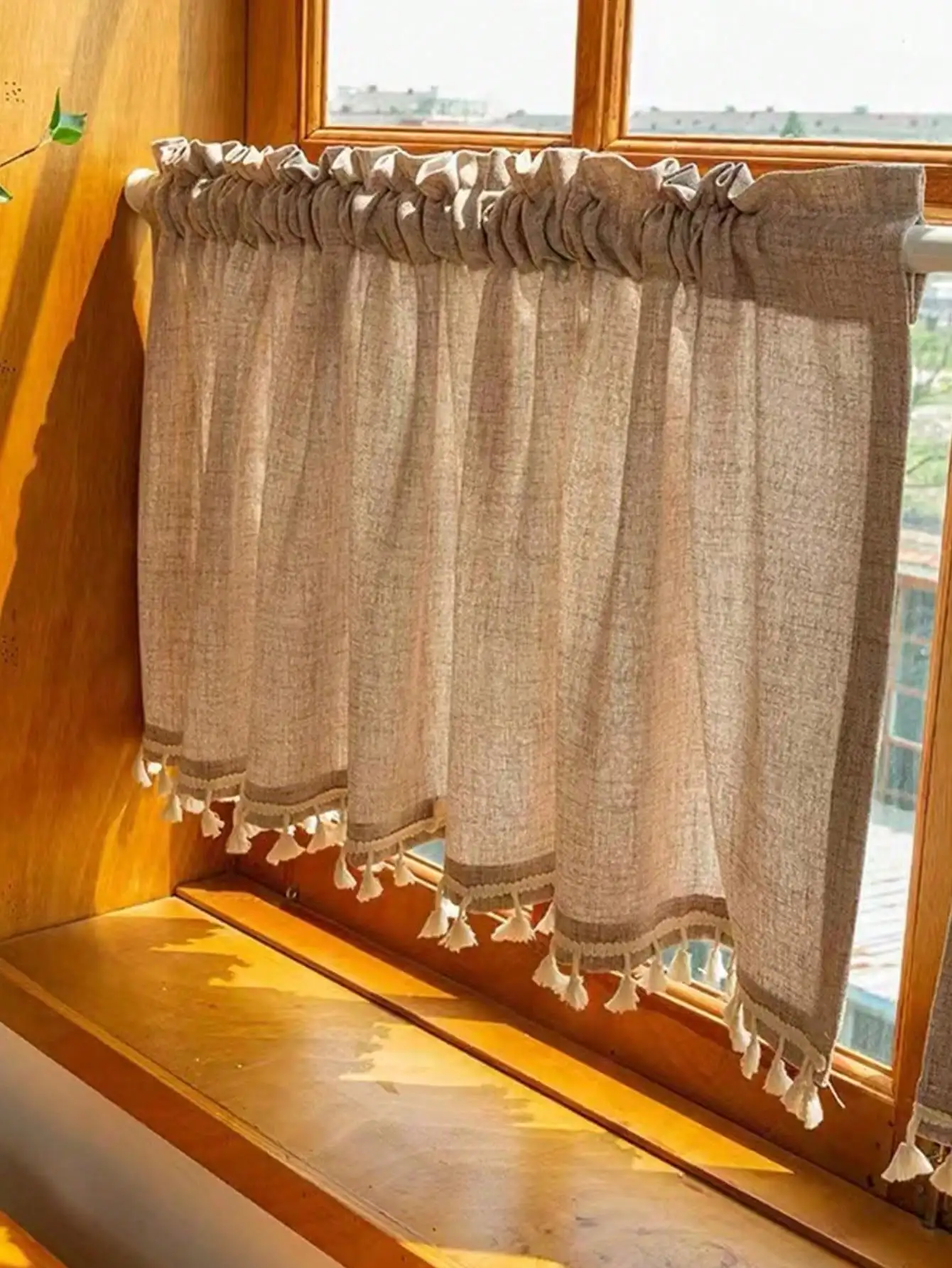 1PC Kaki Japanese Retro Rice Broom Lace Window Curtain Single Piece Home Decor Traditional Design Kitchen Window Treatment