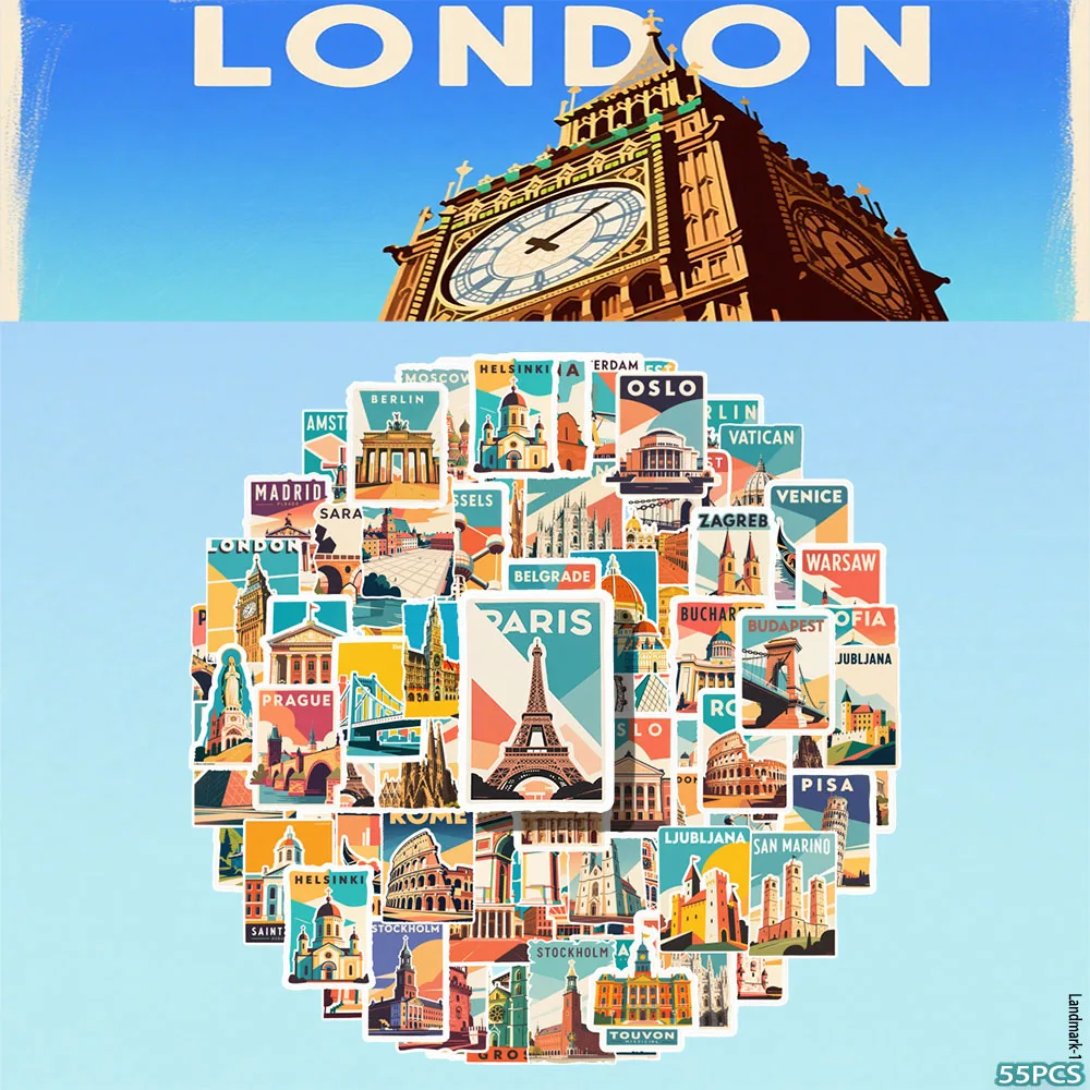 

55 шт. штампованный ориентир, украшение для здания, пейзажа, чашка для воды, справочник, сделай сам, наклейка на чехол для мобильного телефона