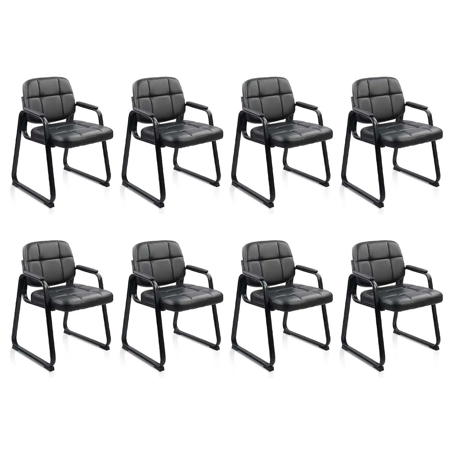Waiting Room Guest Chair with Bonded Leather Padded Arm Rest for Office Reception and Conference Desk Black with Sled Base