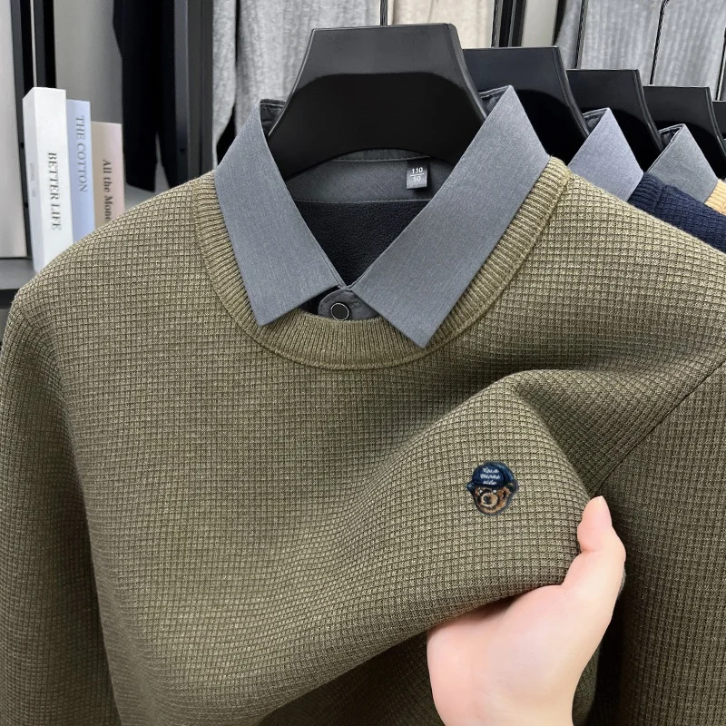 เสื้อสเวตเตอร์ถักลายสองชิ้นแบบใหม่สำหรับผู้ชาย ดีไซน์เนอร์ออกแบบ คอปก แขนยาว อุ่นสบาย ไม่เป็นขุย สไตล์ลำลอง ธุรกิจ สำหรับฤดูใบไม้ร่วงและฤดูหนาว