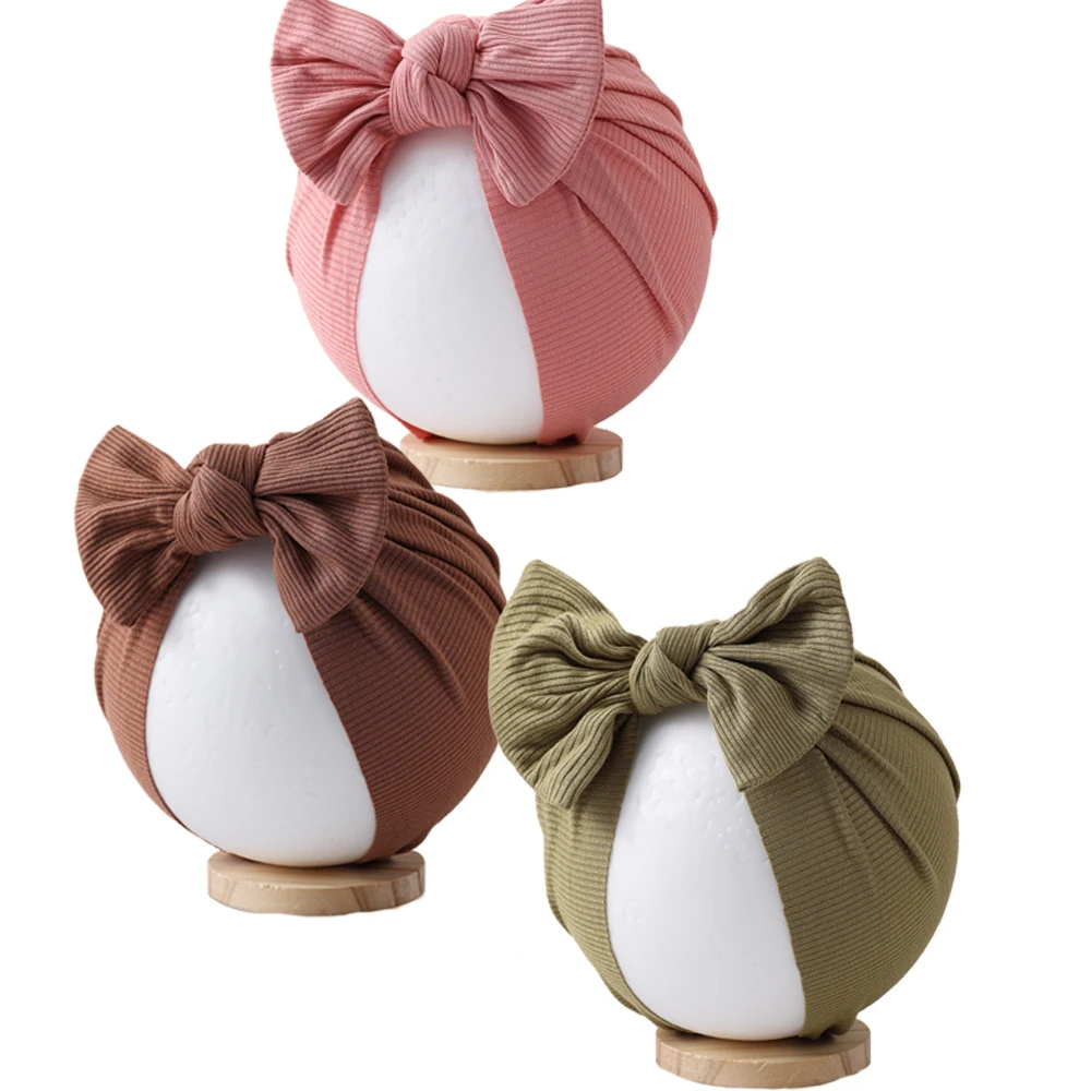 

Однотонные ребристые детские шапки-тюрбаны с бантиками для волос, шапочки с верхним узлом, шапки для новорожденных мальчиков и девочек, шапочка для младенцев от 0 до 3 лет, детские повязки на голову, аксессуары