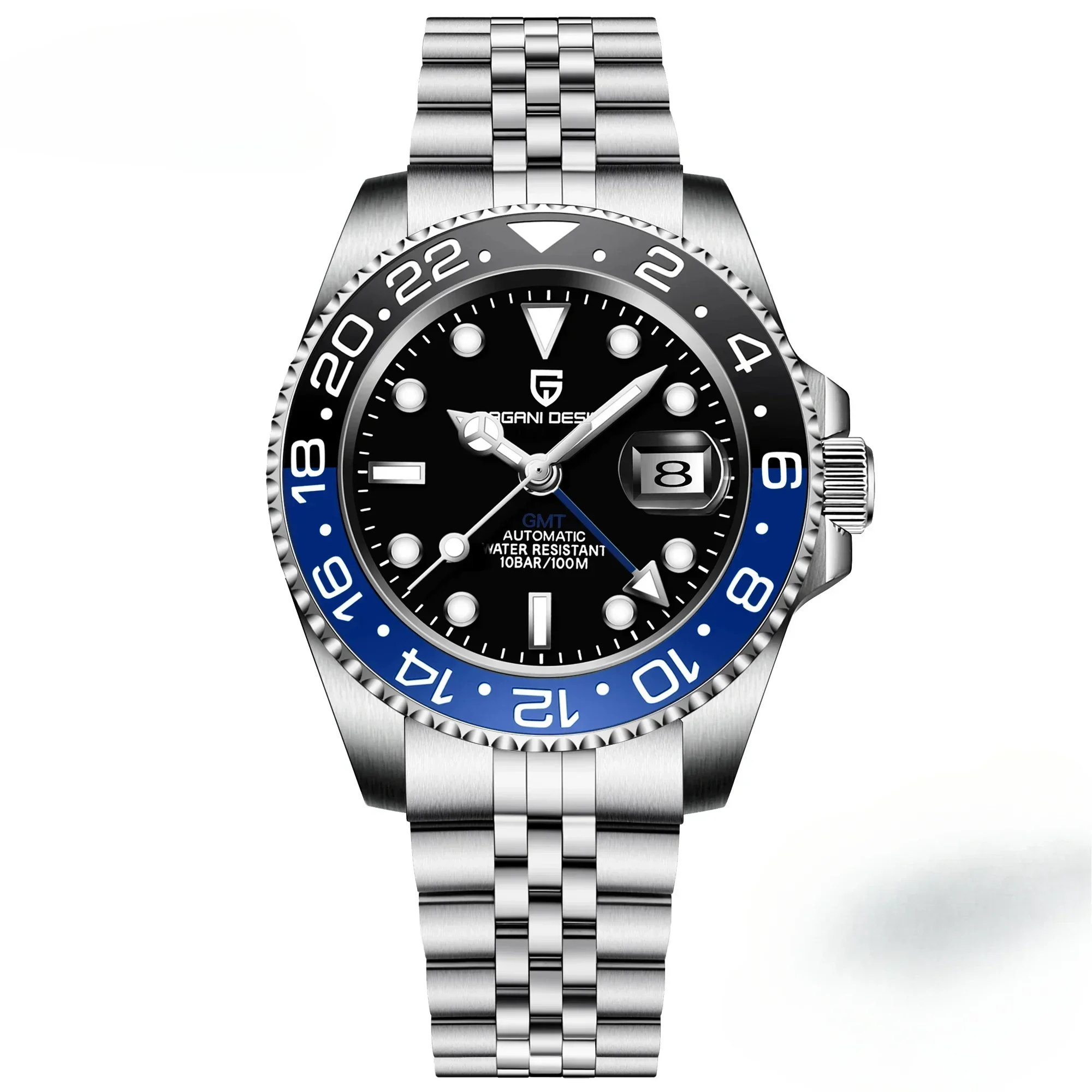 40mm relógio masculino gmt relógio de pulso mecânico automático preto azul ouro safira moldura cerâmica pulseira aço inoxidável personalizado