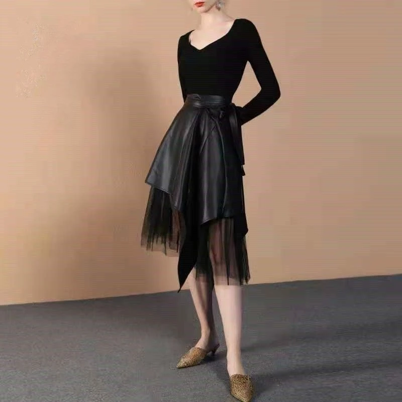 New Irregular Patchwork Pu Leather Skirt Women Fashion High End Elegant Slim Lace Up Bow Mesh A-line Pleated Party Skirts Jupe