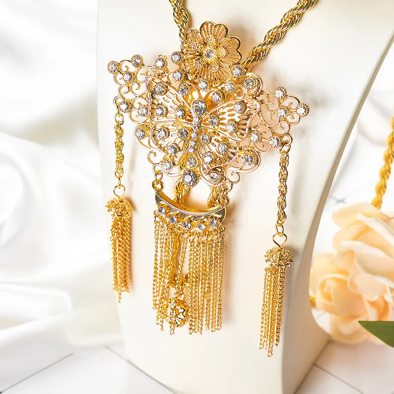 Fatima Algerian Wedding Bride Crystal Necklace Thick Tassel Sweater Chain Arab Caftan Gold Color Necklace Jewelry Free Shipping
