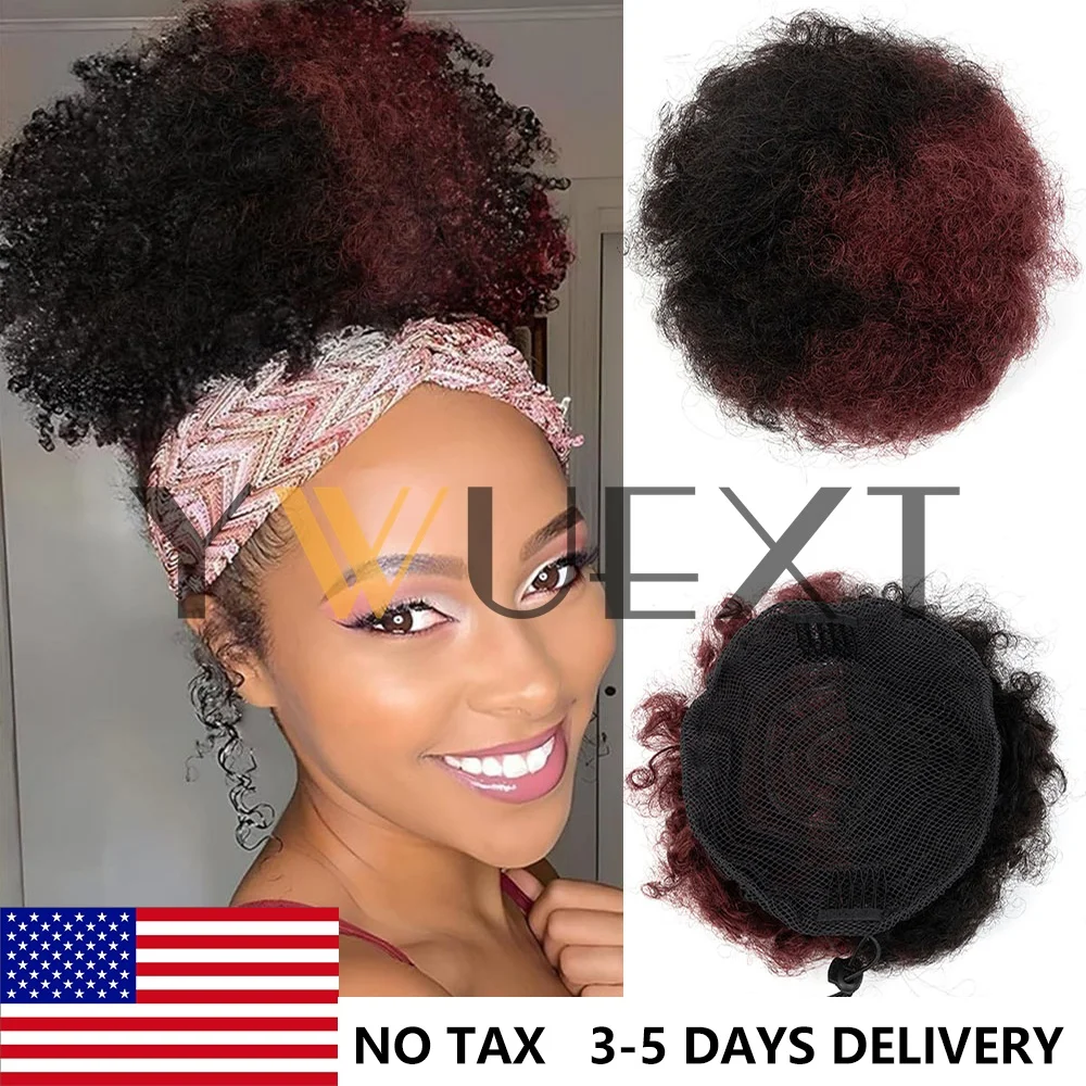 

Tanjet Burgundy Afro Kinky Puff Ponytail Human Hair Bun Kinky Curly Drawstring Ponytail Brazilian Hair Extensions for Women