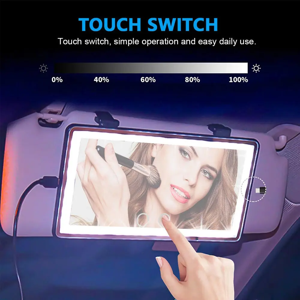 Universal 60 LEDs Car Sun Visor Dimmable HD Vanity Mirror Rechargeable Touch Screen Switch Interior Cosmetic Makeup Mirror