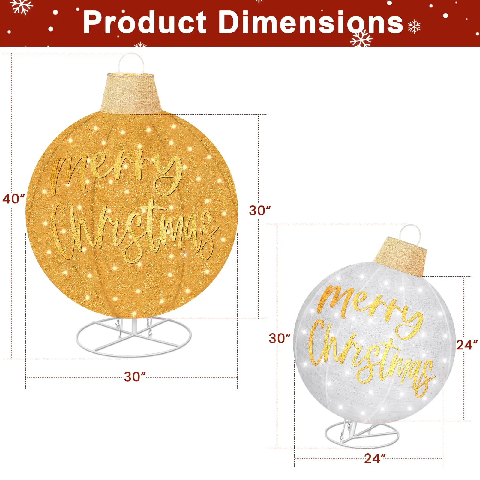 2Pcs Christmas Yard Ball Decorations, 35 Inch Lighted Pop-Up Big Outdoor Christmas Ornament Balls Set, 3D Outdoor Xmas