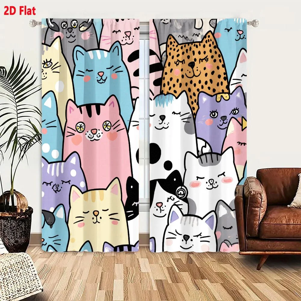 2Pcs Curtains 2D Flat Colorful Whimsical Cartoon Cats Illustration - Diverse Colors Patterns Expressions Happy Playful Scene Win