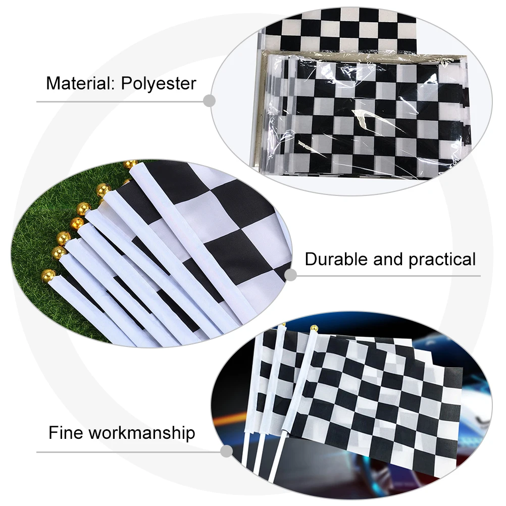 

10pcs Racing Starting Signal Checkered Polyester Flags For Sports Party Events Handheld Grid Waving Cheering Flags