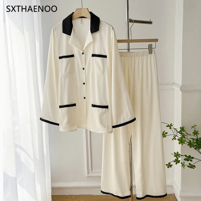 

SXTHAENOO Women Fashion Long Sleeve Pants Two Piece Set Women Simple Casual Loose Solid Color Lapel HomewearSet Ice Silk Pajamas