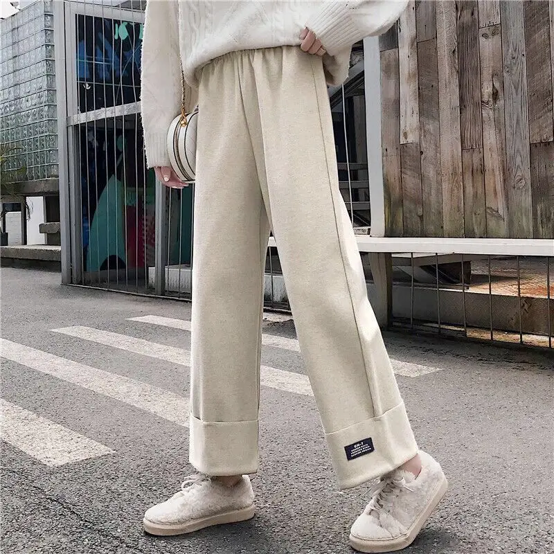 Korean Version 2024 New Women's Autumn Winter Spliced Elasticized High-waisted Pocket Fashion Solid Color Loose Casual Pants