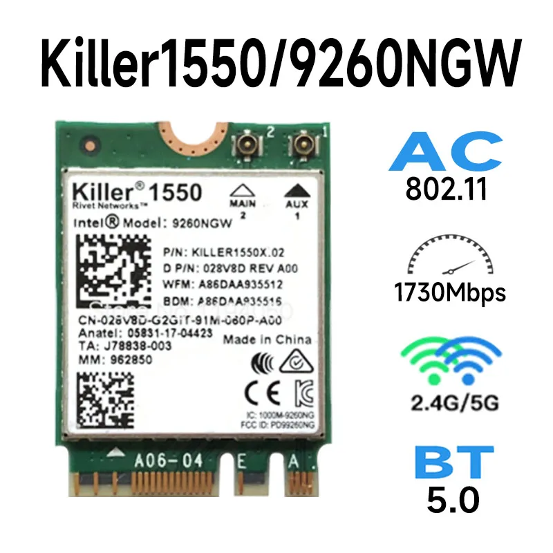 

For Killer 1550 9260 9260NGW NGFF 1730 Mbps WiFi + Bluetooth 5.0 802.11ac Card