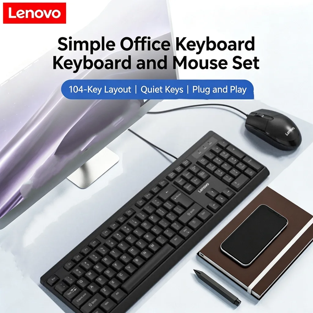 Lenovo MK13 Wired Keyboard Mouse Set 104Keys Full Size Plug&Play Quiet Splash-proof Ergonomic Office Combo for Desktop Notebook
