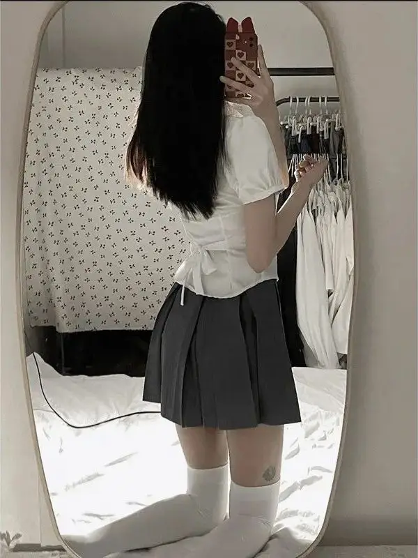 Slimming Effect Bubble Short Sleeve Shirt Bow Tie Waist Design College Style Fashionable White Shirt for Young Women