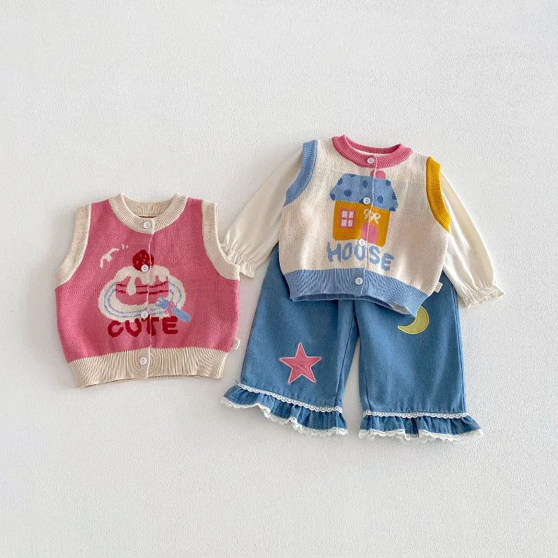 Kinder-Strickweste 2026 Frühling Mädchen Jungen Jacquard-Kuchen-Cardigan Koreanischer Stil Baby Kinder Bunter Kontrast Ärmelloser Pullover – Detail 3