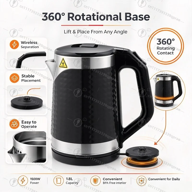 1500W Electric Water Kettle, 1.8L Large Capacity 304 Stainless Steel Boiler, Auto Shut-off & Boil Dry Protection