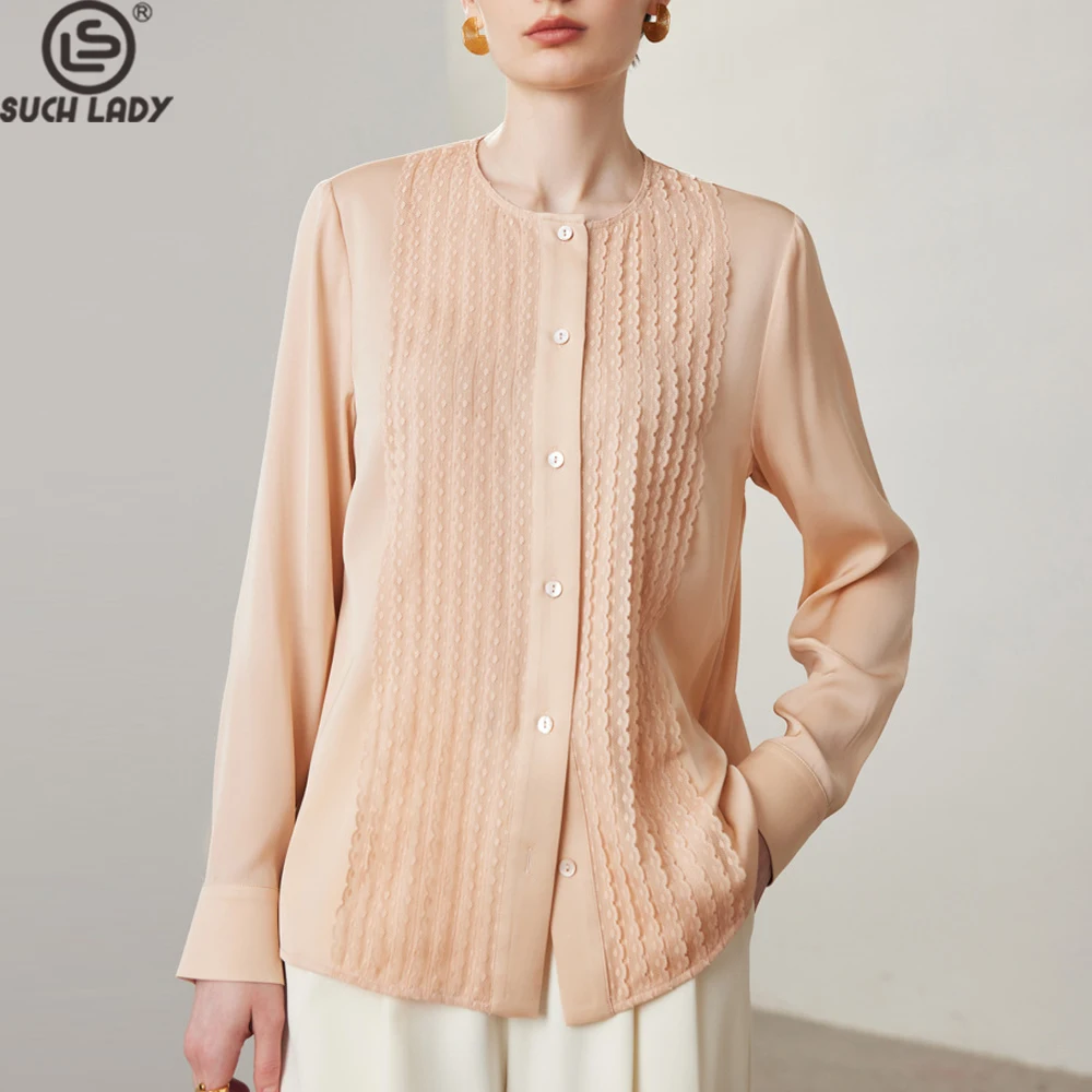 90% Silk 10% Spandex Women's Shirt O Neck Long Sleeves Ruffles Elegant Fashion Blouse Tops