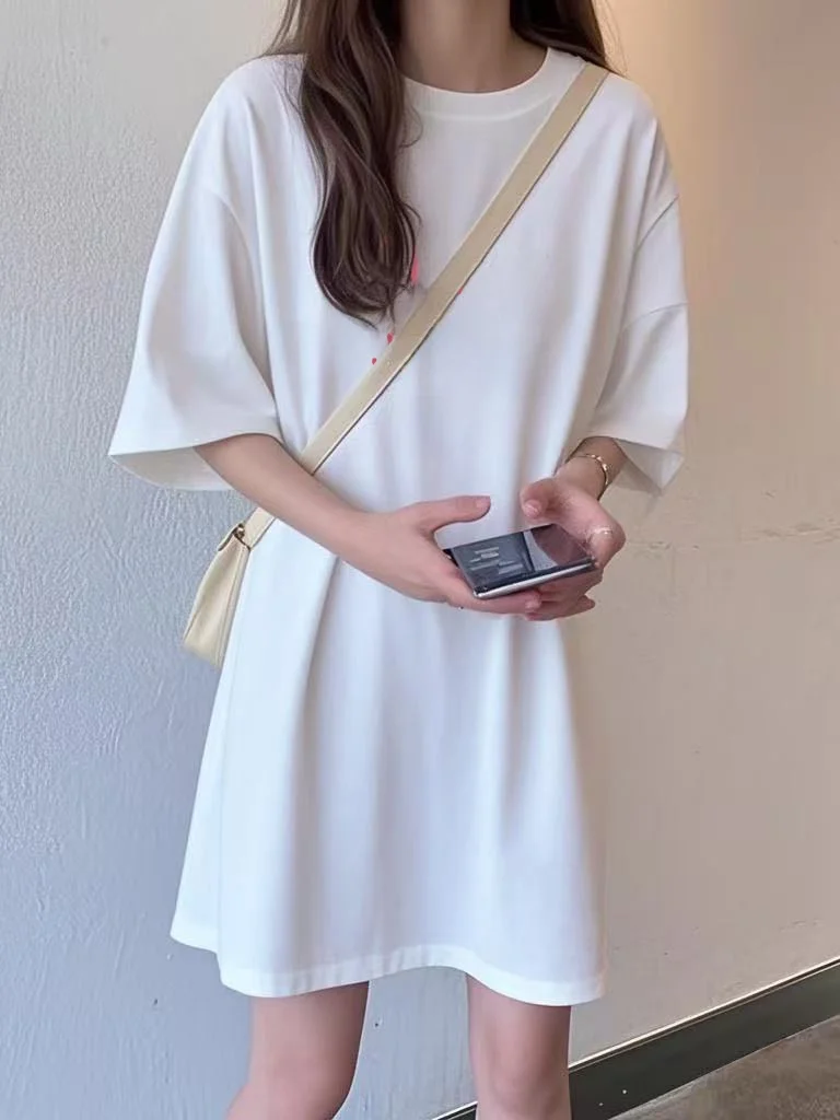 

Свободная хлопковая футболка Materni, женская круглая футболка с принтом Ne средней длины, корейский топ Sle Commute Faion, летняя одежда