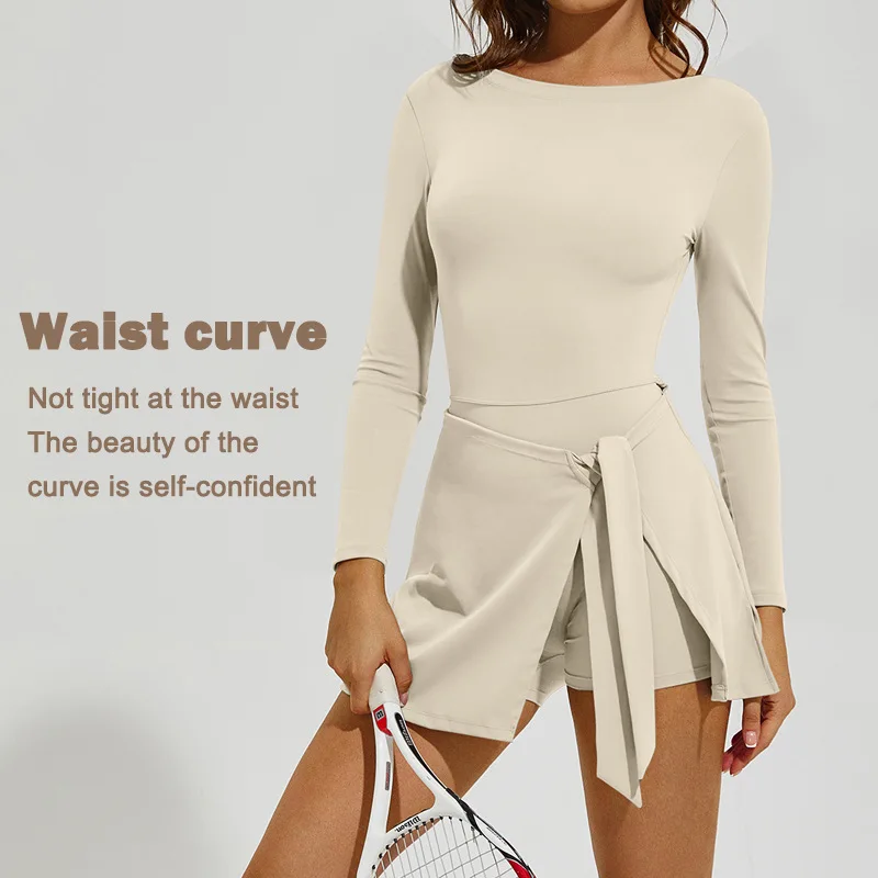 Women Long Sleeve Tennis Skirt Set with Built-in Shorts Anti See-Through Sports Outfit Long Length Athletic Top Badminton Wears
