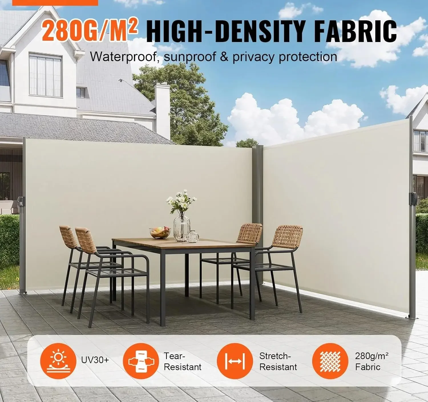 Beige Retractable 63''*236'' Awning-Rugged Full Aluminum Rust-Proof; Patio Sunshine Screen; Wind Screen. Longer Service Life