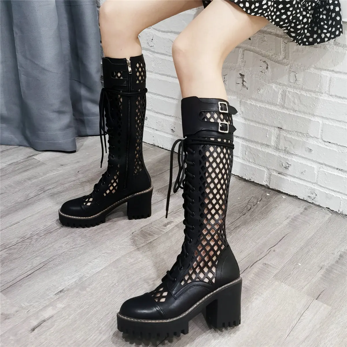 

Gladiator Sandals Women Hollow Genuine Leather High Heel Platform Pumps Female Summer Round Toe Motorcycle Boots Casual Shoes