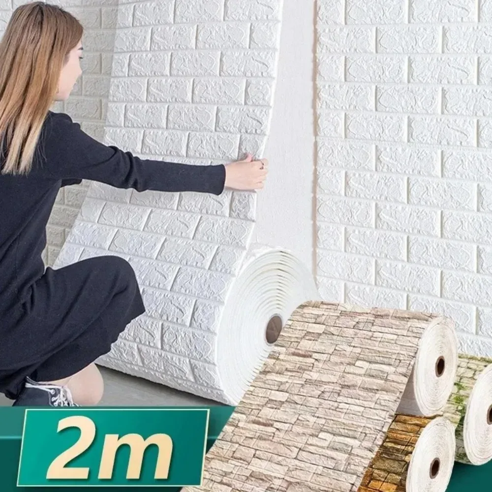 70cmx2m 3D Self-adhesive Brick Textured Wall Stickers DIY Waterproof Foam Wallpaper Ceiling Anti-bump Kitchen Kids Room Decor