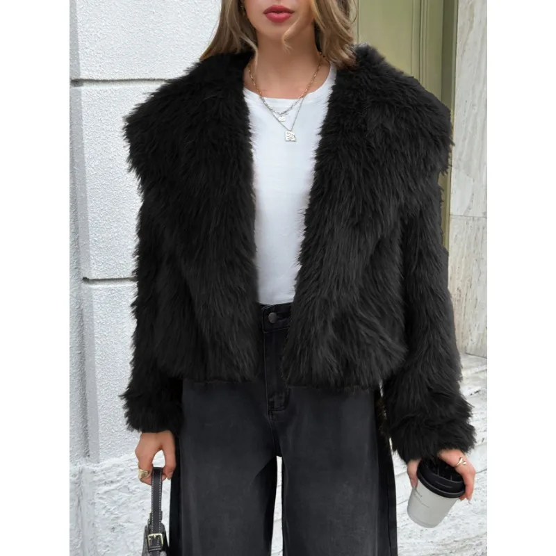 Fashion women's autumn and winter casual plush solid color long-sleeved coat warm jacket