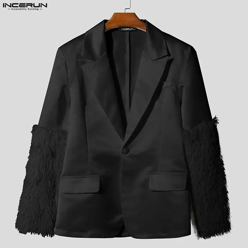 

INCERUN мужской пиджак плюшевый лоскутный лацкан с длинным рукавом на одной пуговице мужской костюм уличная одежда элегантные модные повседневные тонкие пальто мужские 2026
