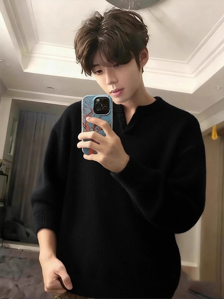 

American Sle Men's Bla V-Ne Knitwear Henry Sweater Loose Fit Casual Long Sve Warm Soft Comfortable Autumn Winter