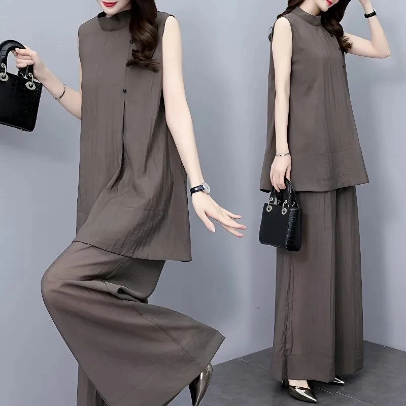 Модный женский костюм, новинка лета 2023, женские широкие брюки, свободный наряд без рукавов, темпераментный легкий ветер, комплект из двух предметов