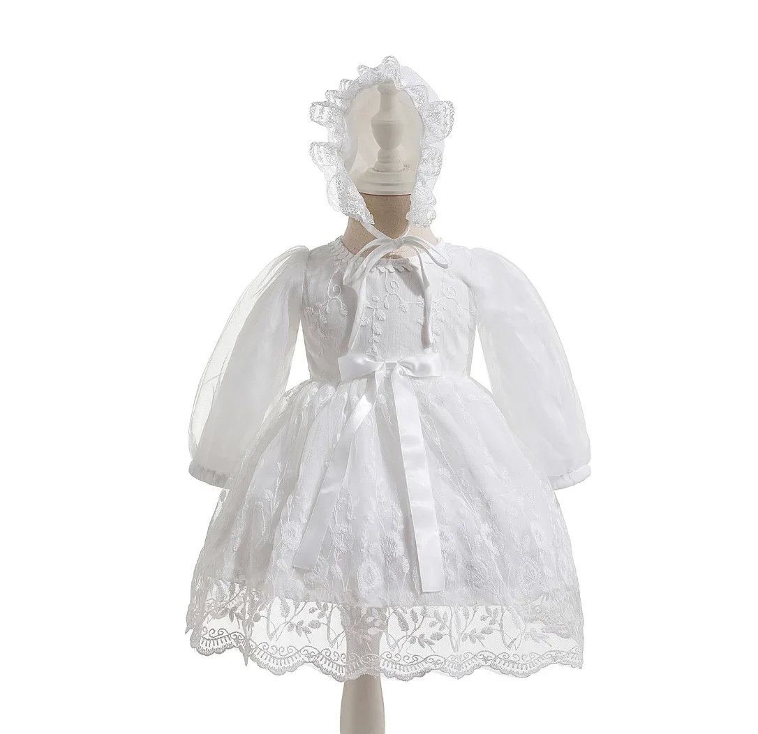 1st Birthday Party Dresses For Girl Newborn Autumn White Lace Princess Baby Baptism Dress With Hat Infant Christening Ball Gowns