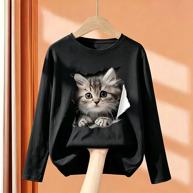 Cartoon Cute Cat Graphic Kids Tshirts Long Sleeve Tees Animal Boys Girls Clothes Kawaii Kitten Tops Y2K Children T-shirt