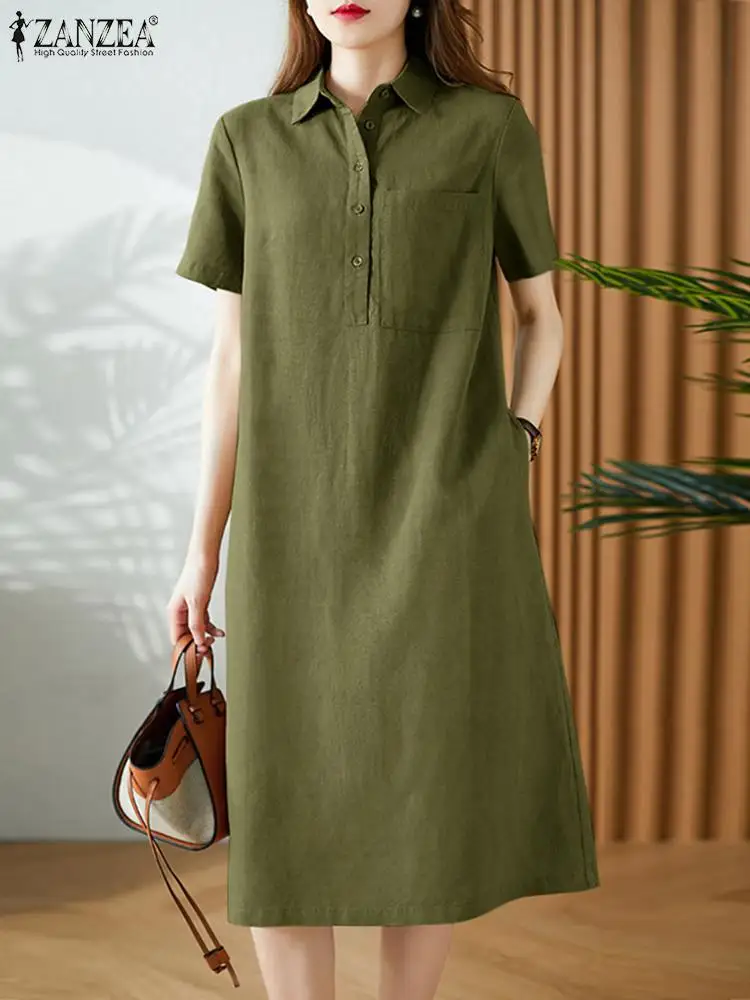 Zanzea Vintage Sommer Revers Hals Kurzarm Hemd Kleid Frauen lässig Party knielange Sommerkleid Robe solide Arbeit ol Vestidos
