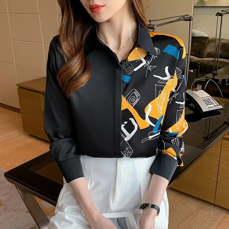 Ladies Spring Summer Fashion Simplicity Button Printing Color Blocking Polo Collar Women Shirts Office Lady Trend Long Sleeve To