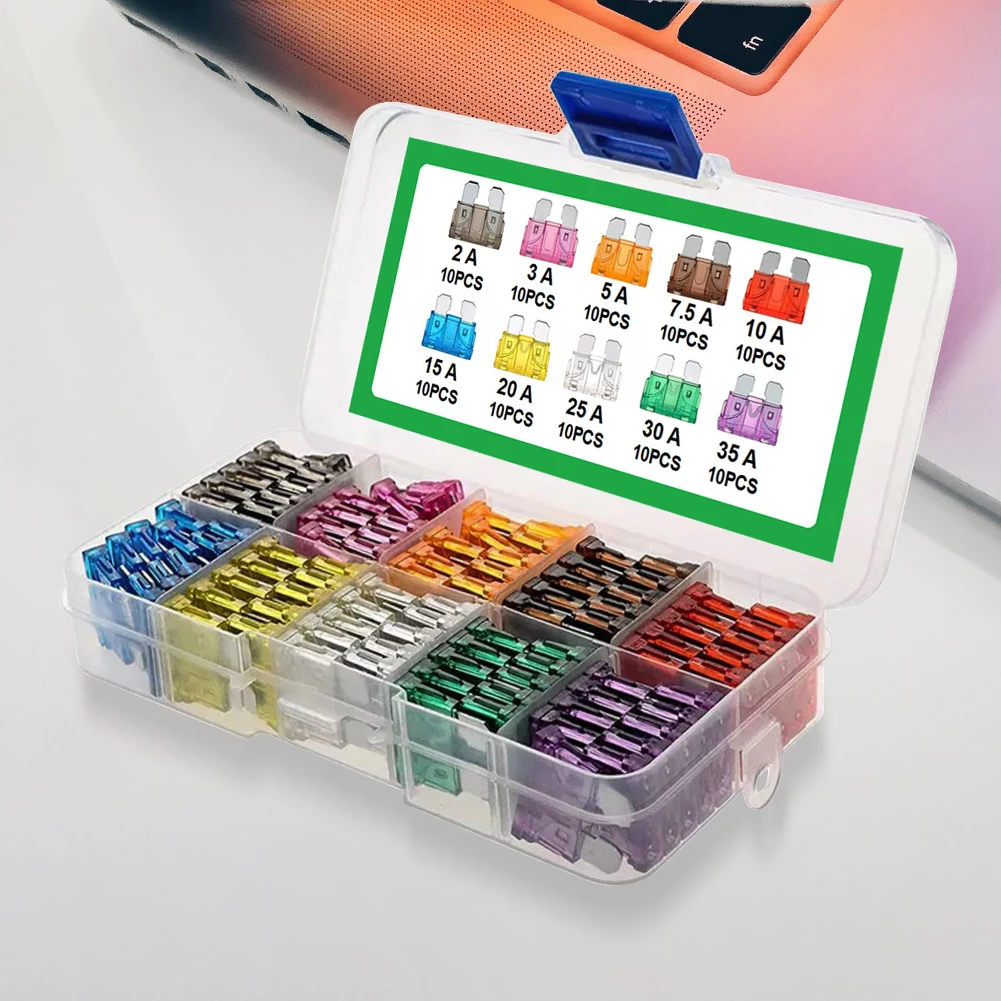 100Pcs Blade Type Fuse Set 2A 3A 5A 7.5A 10A 10 Types Car Fuse Assortment with Box Blade Type Fuse Assorted Kit
