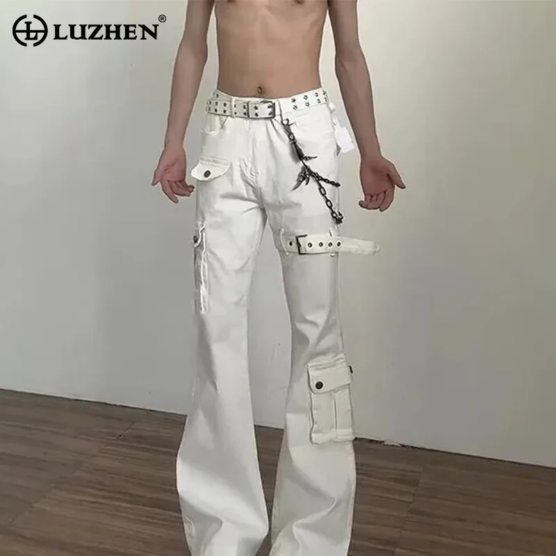 LUZHEN Men's Original Belt Decorate Pockets Patchwork Design Slim Fit Bell-bottoms Jeans Men's Fashion Street Denim Pants JY3468