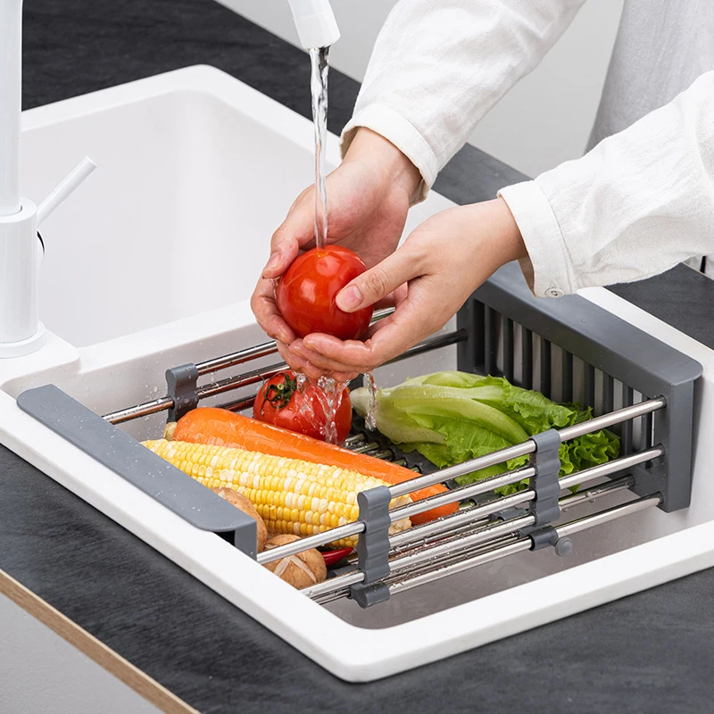 Kitchen Dish Drying Rack Stainless Steel Adjustable Drainer Rack Fruits Vegetable Kitchen Organizer Sink Cleaning Basket Tool