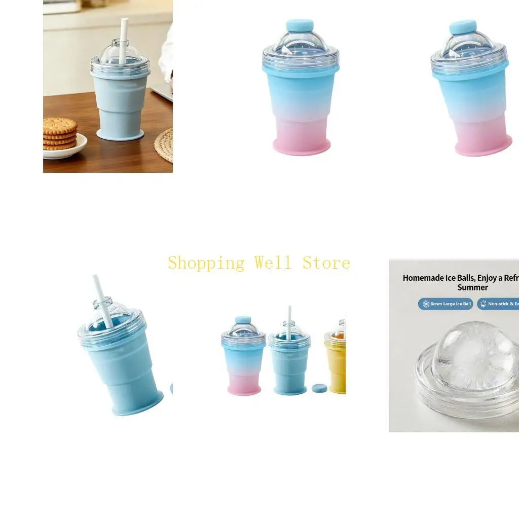 KX4B Ice Ball Mold Silicone Bottle Leak Proof Folding Straw Cup With Ice Cubes Maker