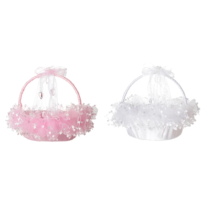 

Flower Basket Suitable for Wedding Ceremony Small Flower Girl Baskets with Handle Lace & Clear Heart Decor