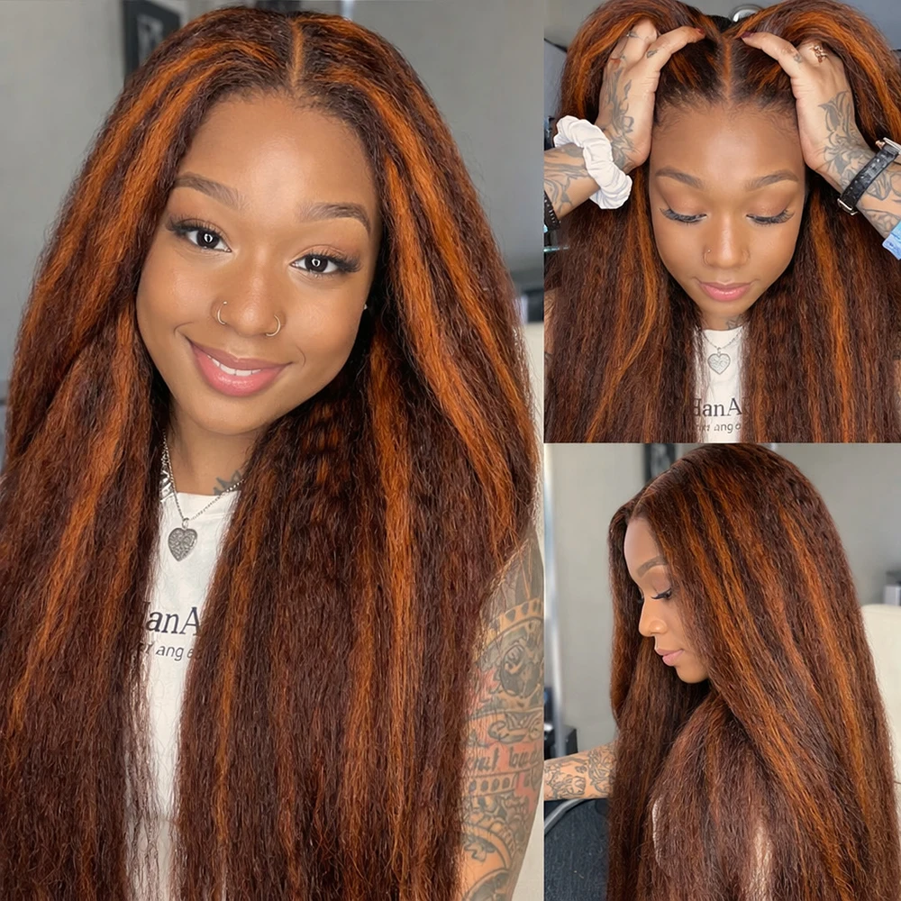 

Парик из натуральных волос 13x4 HD Lace Frontal, прямой, с кинки-текстурой, с мелированием 4/350 (коричневый с охлаждающими оттенками), парик из натуральных волос 5x5 Lace для женщин